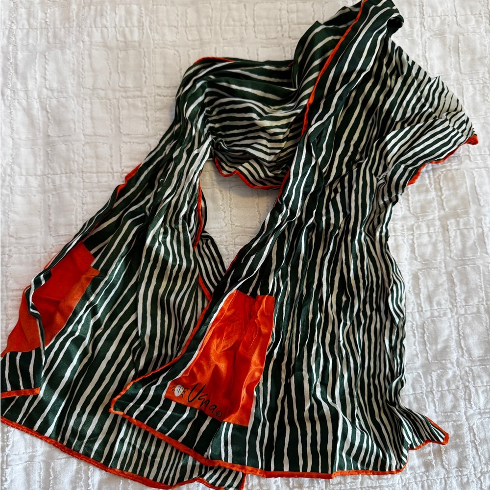 Chic Striped Vintage Scarf in Dark Green/White with Orange Highlights